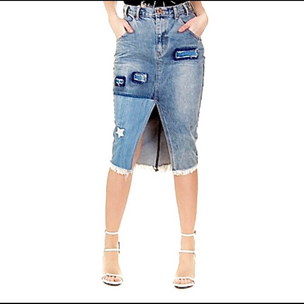 One X One Teaspoon Patched, Fringed St.Marines Cadillac Denim Skirt